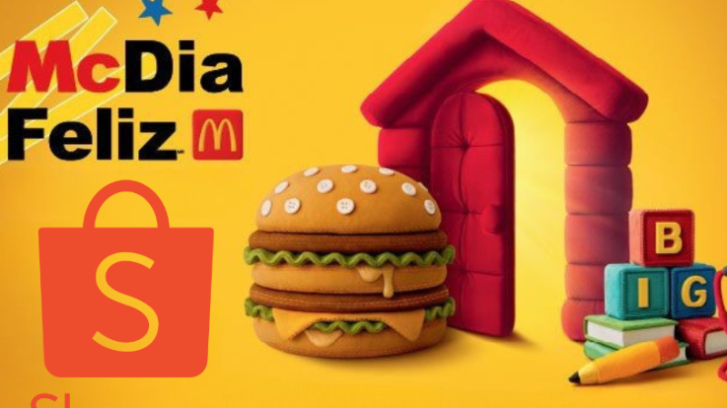 Montagem dos logos do McDia Feliz e Shopee, que fazem collab em 2025