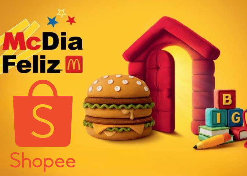 Montagem dos logos do McDia Feliz e Shopee, que fazem collab em 2025